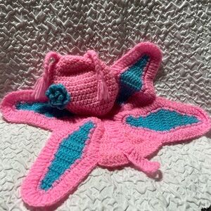 Pink and Teal Crochet Butterfly Garment for Newborn Pictures Preowned Good Cond